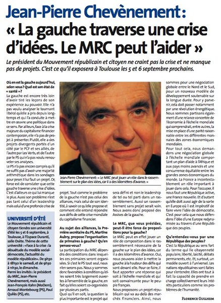 Jean-Pierre Chevènement : "La gauche traverse une crise d'idées. Le MRC peut l'aider"