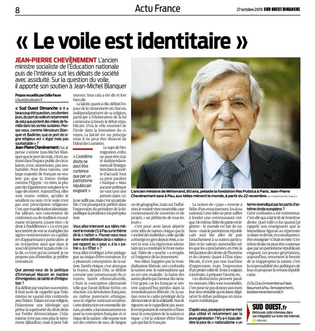 Entretien à Sud Ouest : "La laïcité est un principe mais il ne peut être dissocié de l’idéal des Lumières" Entretien à Sud Ouest : "La laïcité est un principe mais il ne peut être dissocié de l’idéal des Lumières"