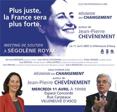 Jean-Pierre Chevènement en meeting à Villeneuve d'Ascq mercredi 11 avril à 19h
