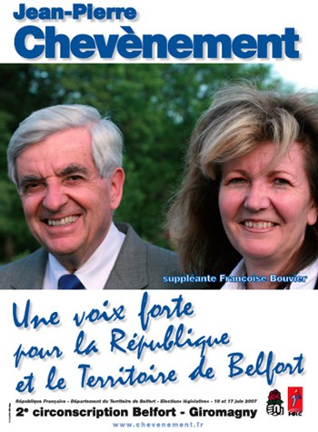 L'affiche de campagne législative de Jean-Pierre Chevènement dans la seconde circonscription du Territoire de Belfort