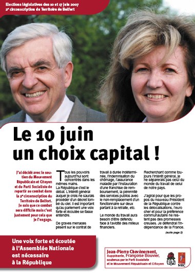 Téléchargez le tract de campagne législative de Jean-Pierre Chevènement : «Le 10 juin, un choix capital !»