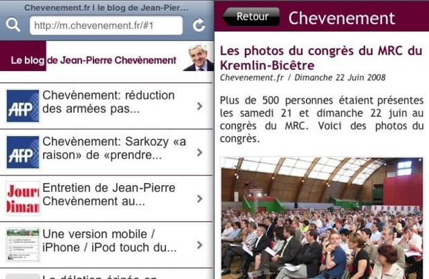 Une version mobile / iPhone / iPod touch du blog de Jean-Pierre Chevènement
