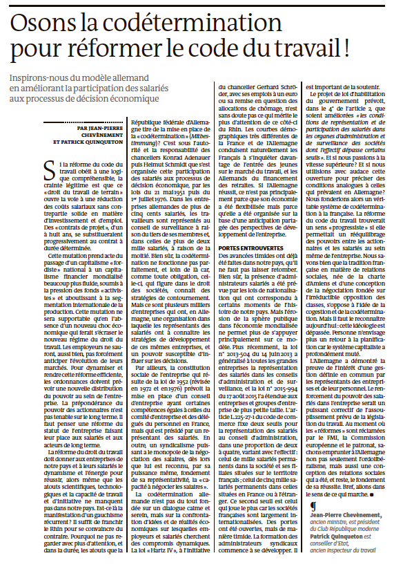 Osons la codétermination pour réformer le code du travail! Osons la codétermination pour réformer le code du travail!