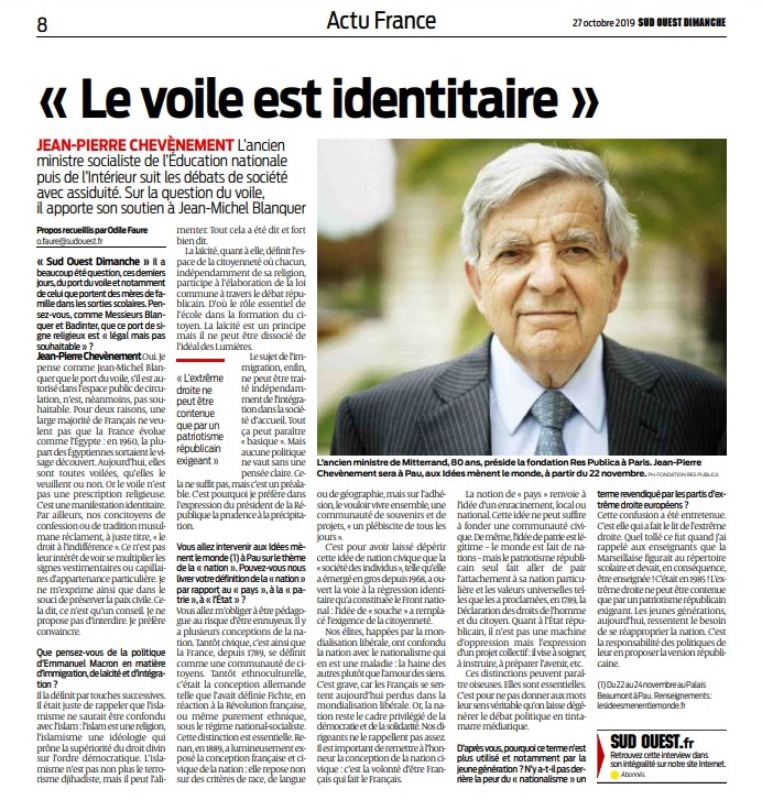 Entretien à Sud Ouest : "La laïcité est un principe mais il ne peut être dissocié de l’idéal des Lumières"